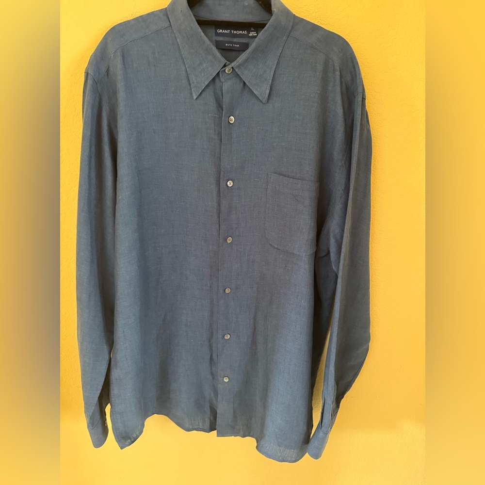 Grant Thomas 100% Linen Button Down Casual Shirt Blue
